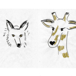 Ein lässig gezeichneter Wolf von vorn und eine ebenso gezeichnete Giraffe von vorn, die leicht einander zugewandt sind